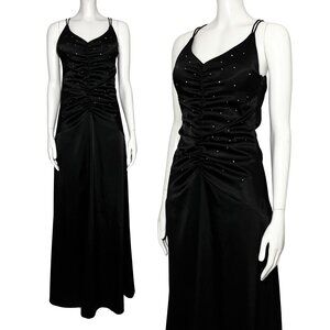 Vintage Y2K Black Trumpet Ruched Formal Long Dress Rhinestones XS/S Prom Glam